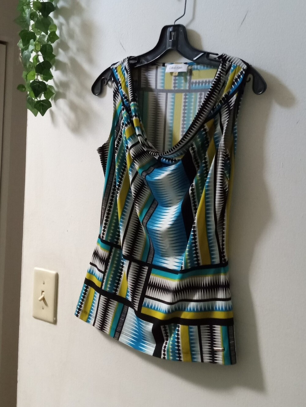 Calvin Klein Teal, Blue and Black Geometric Drape Neck Tank